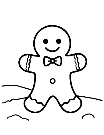 Dibujo lineal en blanco y negro de un hombre de jengibre sonriente con ojos redondos, una sonrisa curva y un botón en el vientre, parado sobre una línea ondulada de nieve con dos pequeños copos de nieve cayendo cerca.
