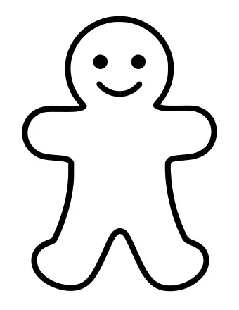 Dibujo lineal en blanco y negro de un hombre de jengibre sonriente con cabeza redonda, dos brazos y dos piernas.