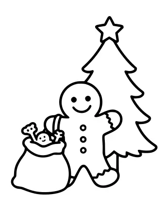 Dibujo lineal en blanco y negro de un hombre de jengibre sonriente con una bufanda a rayas y sosteniendo un saco de juguetes, de pie junto a un árbol de Navidad decorado y coronado con una estrella.