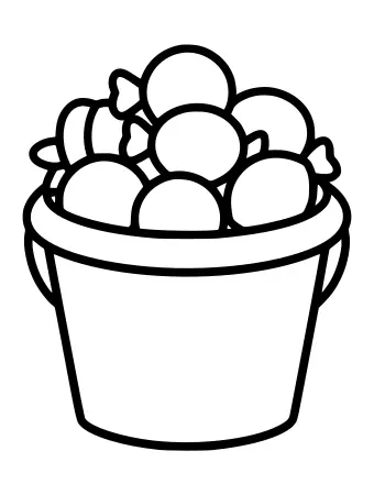 Dibujo lineal en blanco y negro de un cubo de truco o trato repleto de dulces variados, que incluyen piruletas redondas, dulces envueltos y golosinas pequeñas, listas para colorear.