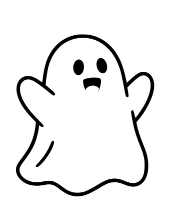 Un simple dibujo lineal en blanco y negro de un simpático fantasma de dibujos animados con una cara sonriente y un trasero ondulado, flotando en el aire.