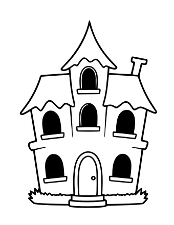 Dibujo lineal en blanco y negro de una casa embrujada torcida de tres pisos con un techo puntiagudo, una chimenea y ventanas arqueadas oscuras.