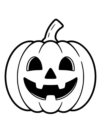 Dibujo lineal en blanco y negro de una calabaza redonda con un tallo curvo, dos ojos ovalados, una nariz triangular y una sonrisa amplia e irregular, que se asemeja a una clásica calabaza de calabaza.