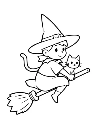 Dibujo lineal de una bruja de dibujos animados sonriente con un sombrero puntiagudo montando una escoba, con un pequeño gato negro posado en su hombro.