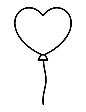Contorno blanco y negro de un globo en forma de corazón con un pequeño nudo y una cuerda ondulada colgando.
