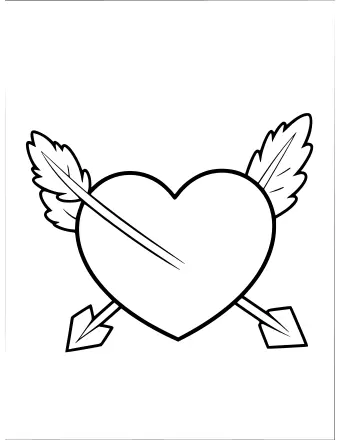Dibujo lineal en blanco y negro de un gran corazón atravesado en diagonal por una flecha con plumas a la izquierda y una punta puntiaguda a la derecha.