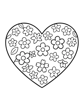 Dibujo lineal en blanco y negro de un gran corazón lleno de pequeñas flores de cinco pétalos y hojas dispersas, diseñado como una página para colorear.