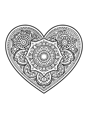 Arte lineal en blanco y negro con forma de corazón lleno de un patrón de mandala simétrico y complejo con motivos florales centrales, círculos concéntricos y bordes geométricos detallados.