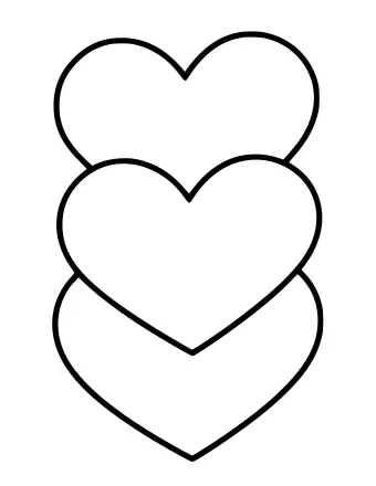 Dibujo lineal en blanco y negro de tres corazones apilados verticalmente, con el corazón más grande en la parte inferior y el más pequeño en la parte superior.