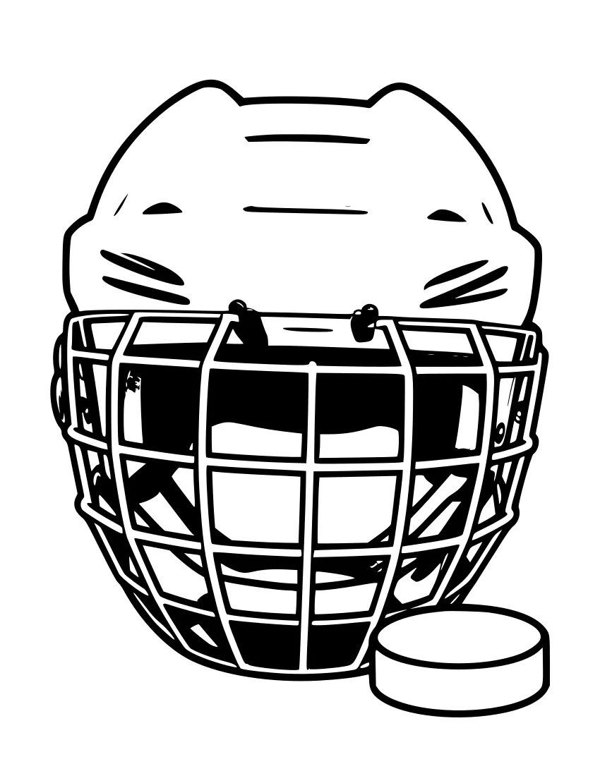 Outline drawing of an ice hockey helmet with a metal face cage and a hockey puck resting at its side