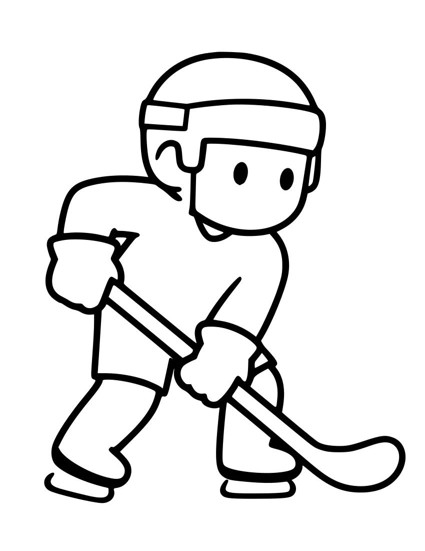 Cartoon hockey player in a helmet and jersey skating with a stick held low