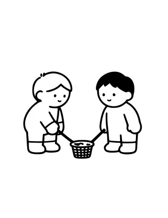 Two children in plain winter clothes holding hockey sticks beside a small net