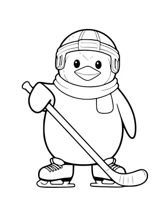 A penguin in a helmet and scarf holding a hockey stick and wearing ice skates
