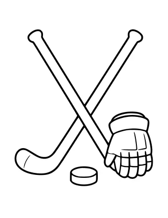 Two crossed hockey sticks with a round puck and a hockey glove beside them