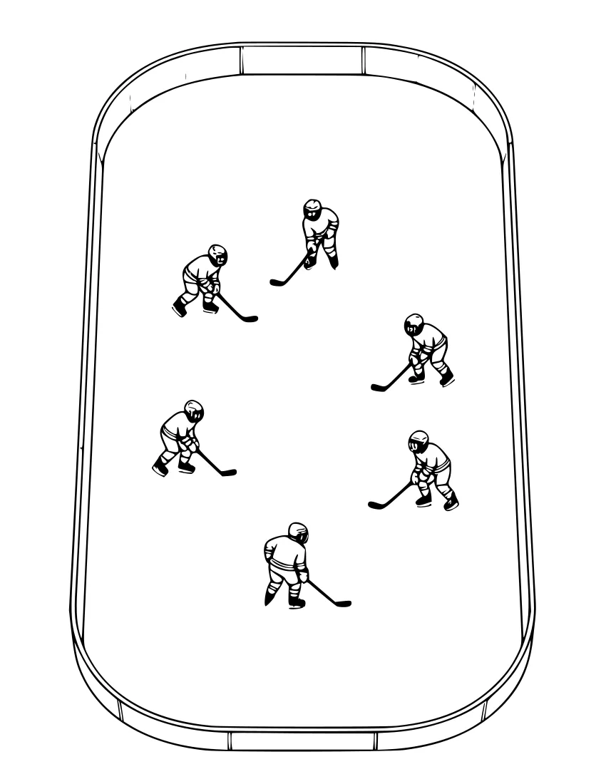 Top-down outline drawing of an ice hockey rink with curved boards and six small players spread across the ice