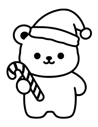 Un simple dibujo lineal en blanco y negro de un oso redondo de dibujos animados con un gorro de Papá Noel y sosteniendo un bastón de caramelo, con una cara sonriente y dos patas pequeñas.