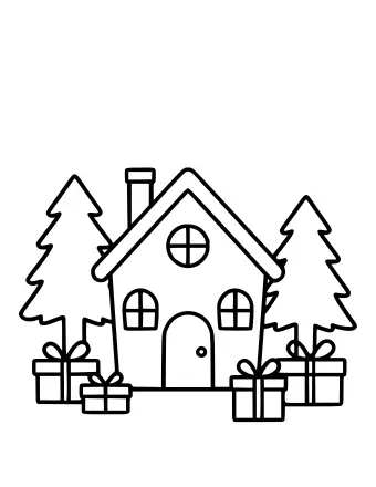 Dibujo lineal en blanco y negro de una casa con una ventana redonda, dos pinos y varias cajas de regalo envueltas en el suelo.