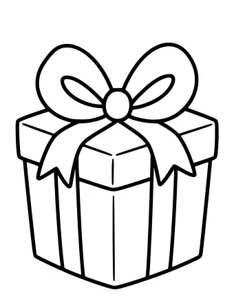Dibujo lineal en blanco y negro de una caja de regalo envuelta con un gran lazo en la parte superior, que muestra la tapa, la cinta y los lazos.