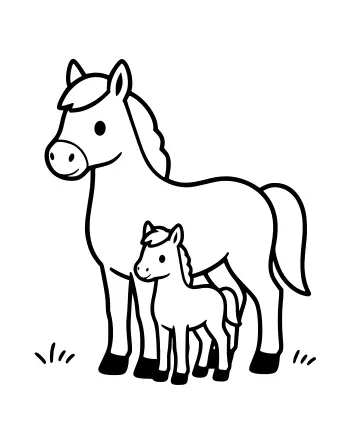 Dibujo lineal en blanco y negro de un caballo grande parado junto a un potro pequeño, con simples mechones de hierba en el suelo.