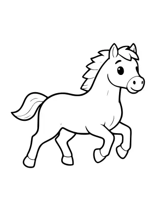 Dibujo lineal en blanco y negro de un caballo que galopa hacia la derecha con una melena y una cola sueltas, que se muestra en una pose dinámica de carrera.
