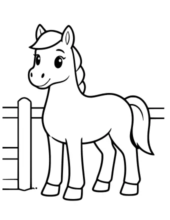 Dibujo lineal de un caballo parado dentro de un establo, con la cabeza girada hacia un lado, un pequeño sombrero en la cabeza y una valla de madera visible a la izquierda.