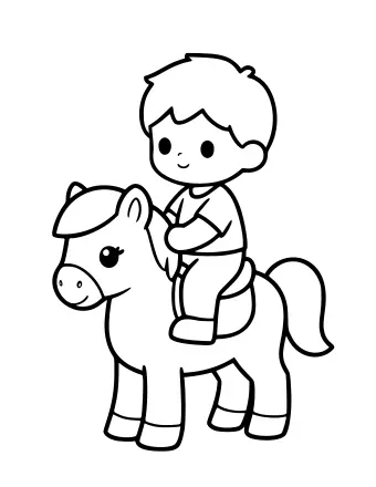 Dibujo lineal en blanco y negro de un niño sonriente con pelo corto sentado en un pequeño pony, sosteniendo las riendas, con la melena, la cola y los cascos del pony delineados para colorear.