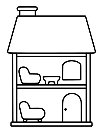 Line drawing of a dollhouse with the front open, showing two floors with armchairs, a table and a door