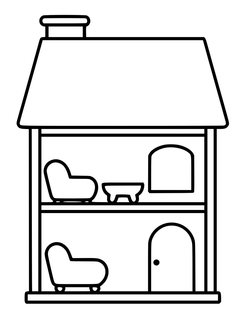 Line drawing of a dollhouse with the front open, showing two floors with armchairs, a table and a door