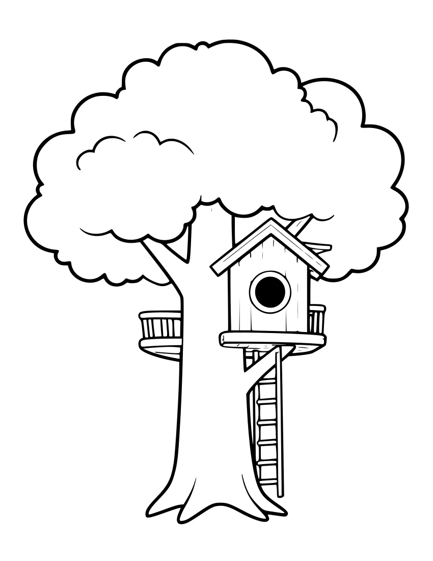 Line drawing of a wooden treehouse with a round window and a ladder in a large oak tree