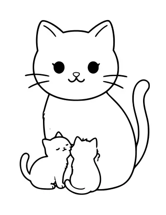 Dibujo lineal de una madre gata grande sentada erguida con dos gatitos pequeños amamantando su vientre, mostrando orejas puntiagudas, bigotes y colas rizadas.