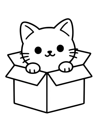 Dibujo lineal en blanco y negro de un gatito con orejas puntiagudas y bigotes asomando desde una caja de cartón abierta, con sus patas delanteras apoyadas en los bordes de la caja.