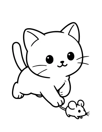 Dibujo lineal en blanco y negro de un gatito con ojos grandes y una cola larga que se agacha para agarrar un ratón pequeño por la cola.