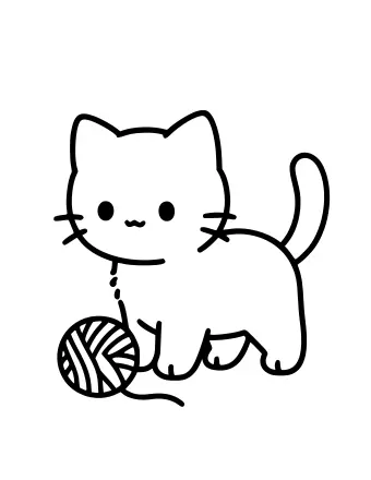 Dibujo lineal de un gatito con orejas puntiagudas y bigotes sentado junto a un ovillo de lana, con un hilo suelto que conecta los dos.