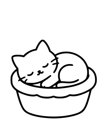 Dibujo lineal en blanco y negro de un pequeño gatito acurrucado y durmiendo dentro de una canasta tejida redonda.