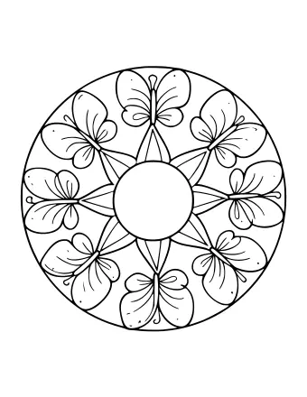 Black-and-white line drawing of a circular mandala with eight butterfly wings arranged symmetrically around a central circle.