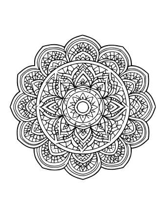 Dibujo lineal en blanco y negro de un mandala simétrico con un resplandor solar central, múltiples anillos concéntricos de formas de pétalos y pétalos exteriores festoneados llenos de pequeños patrones geométricos y en forma de red.