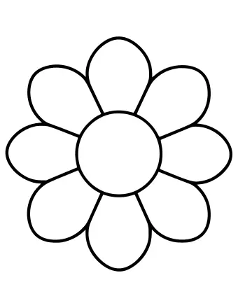 Dibujo lineal en blanco y negro de un mandala simple con un círculo central y siete pétalos grandes y redondeados que irradian hacia afuera.