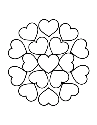 Dibujo lineal en blanco y negro de un mandala circular hecho de formas de corazón superpuestas dispuestas en dos anillos alrededor de un corazón central.
