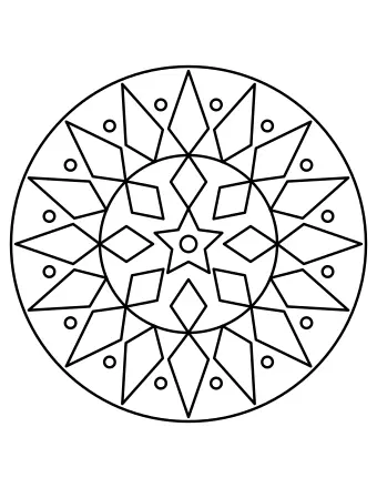 Mandala geométrico circular con una estrella de cinco puntas en el centro, ocho diamantes y dieciséis puntas de estrella exteriores con pequeños círculos entre ellas.
