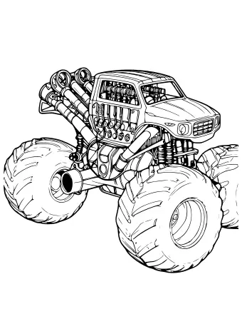 Dibujo lineal en blanco y negro de la parte delantera de un camión monstruo que muestra un motor grande, cuatro tubos de escape, resortes de suspensión y dos neumáticos de gran tamaño.