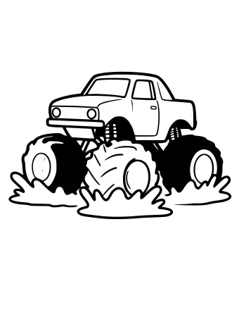 Black and white line drawing of a monster truck with oversized wheels driving through a large muddy puddle, sending splashes of mud flying on both sides.