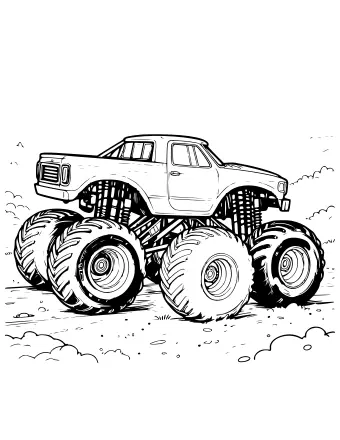 Dibujo lineal en blanco y negro de dos camiones monstruo con neumáticos de gran tamaño corriendo uno al lado del otro en una pista de tierra, levantando polvo y tierra.