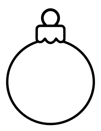 Dibujo lineal en blanco y negro de un gran adorno navideño redondo con una pequeña gorra y un lazo en la parte superior.