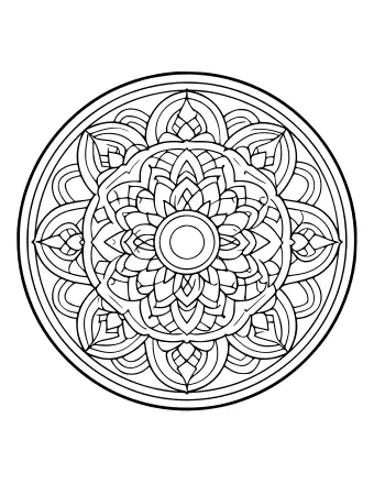 Un dibujo lineal en blanco y negro de un adorno circular que presenta un patrón de mandala simétrico y complejo con pétalos en capas y detalles geométricos.