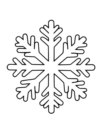 Dibujo lineal en blanco y negro de un copo de nieve simétrico con seis brazos principales y detalles laterales intrincados y ramificados.