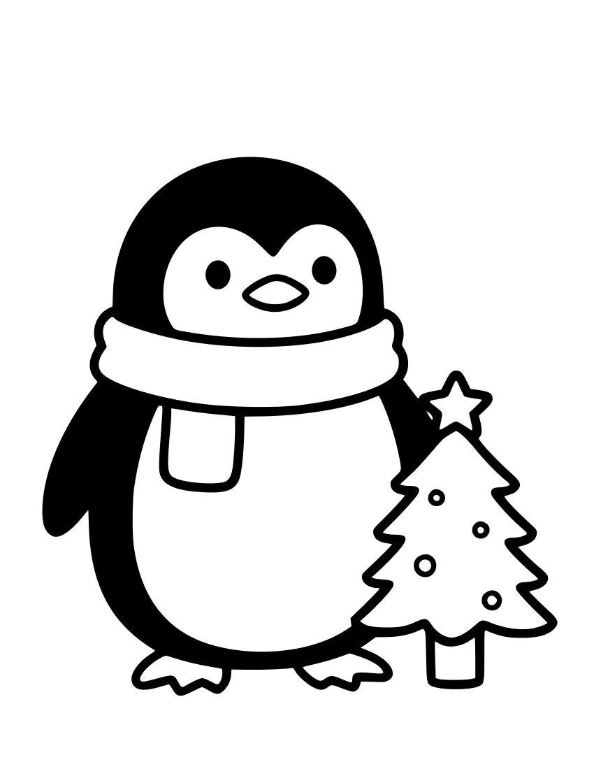 Black and white line drawing of a penguin wearing a scarf, standing next to a small decorated evergreen tree with a star on top.