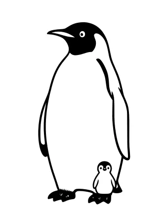 Black-and-white line drawing of a tall emperor penguin standing upright with a long beak, a small round chick tucked between its feet, and a simple white background.