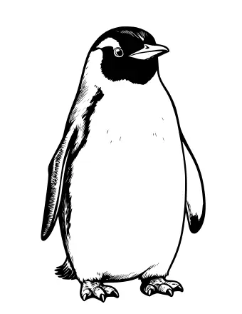 Black and white line drawing of a realistic penguin standing upright, showing its beak, flippers, webbed feet, and detailed feather lines.