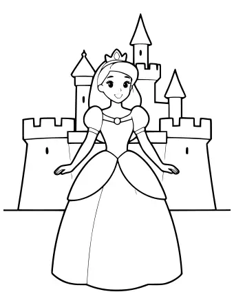 Dibujo lineal de una princesa sonriente con un vestido largo y una tiara parada frente a un castillo con tres torres puntiagudas y muros almenados.