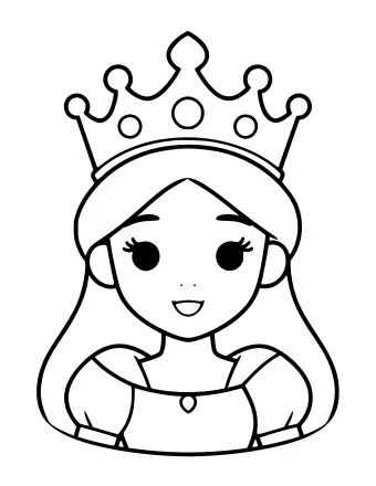 Dibujo lineal en blanco y negro de una princesa sonriente con cabello largo y ondulado, que lleva una gran corona adornada con cinco puntas y joyas redondas, y un vestido con escote redondo y un pequeño corazón en el cuello.